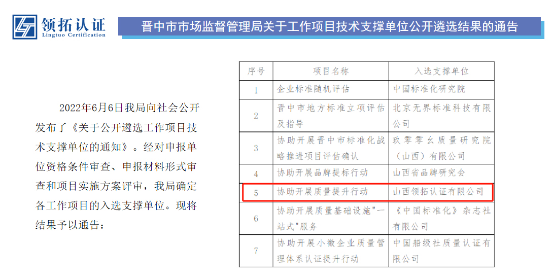 晋中市市场监督管理局关于工作项目技术支撑单位公开遴选结果的通告