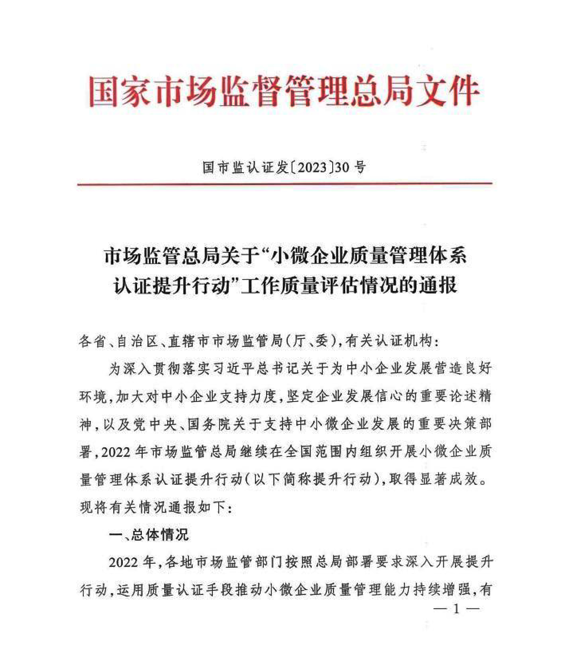 市场监管总局关于“小微企业质量管理体系认证提升行动”工作质量评估情况的通报